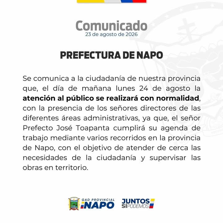 Prefectura de Napo anuncia reabertura de sus instalaciones para el servicio a la ciudadanía