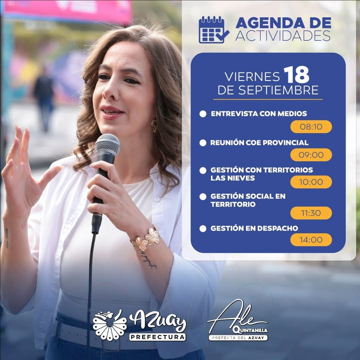 Prefectura de Azuay publica agenda diaria de la prefecta Ale Quintanilla