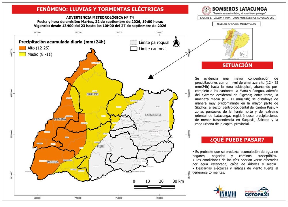 Prefectura de Cotopaxi activa protocolo ante alerta meteorológica INAMHI