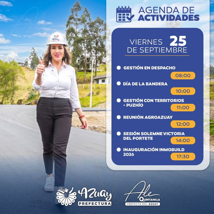 Prefectura de Azuay publica agenda diaria de la prefecta Ale Quintanilla para el 25 de septiembre