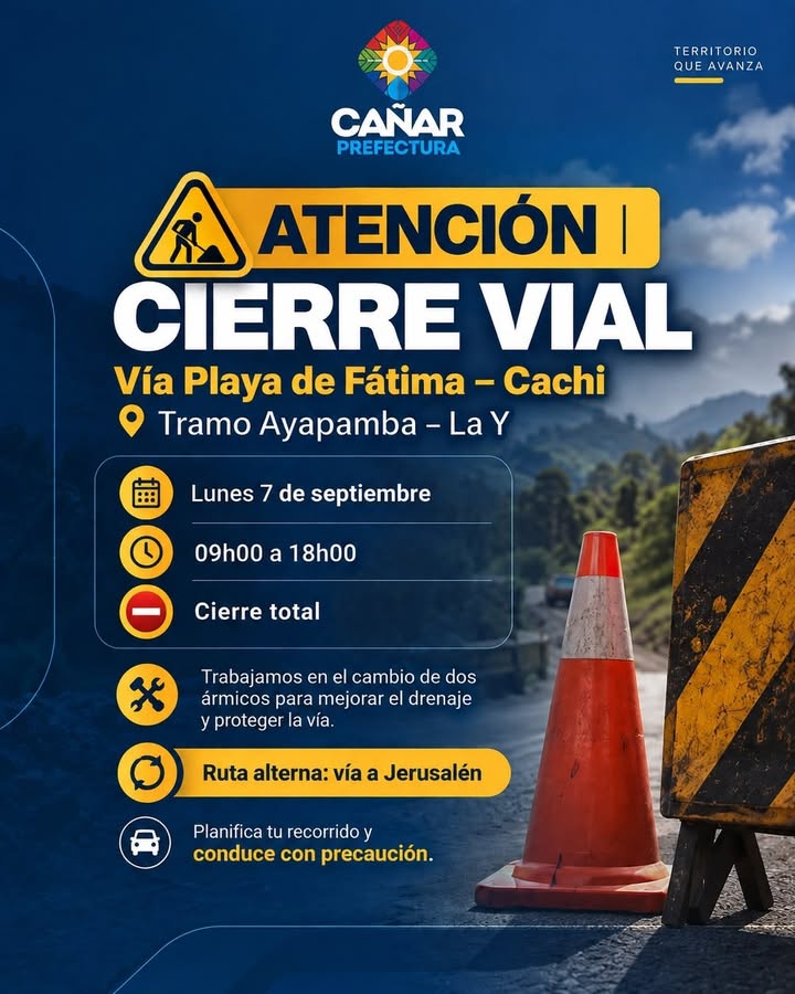 Prefectura de Cañar interviene vía Playa de Fátima-Cachi para mejorar drenaje y estabilidad vial
