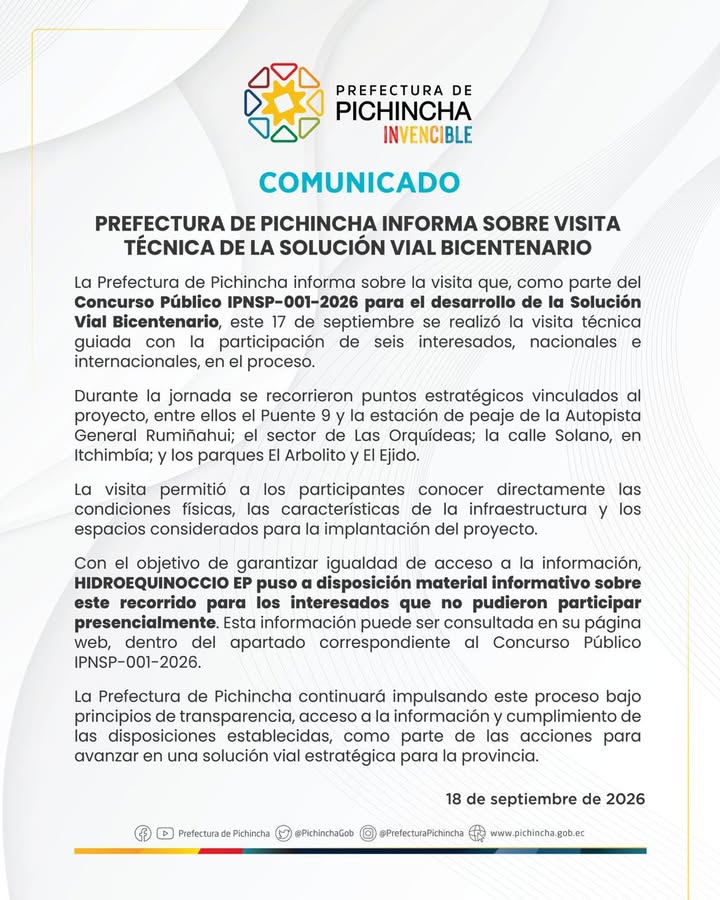 Prefectura de Pichincha cierra etapa de visita técnica para Solución Vial Bicentenario