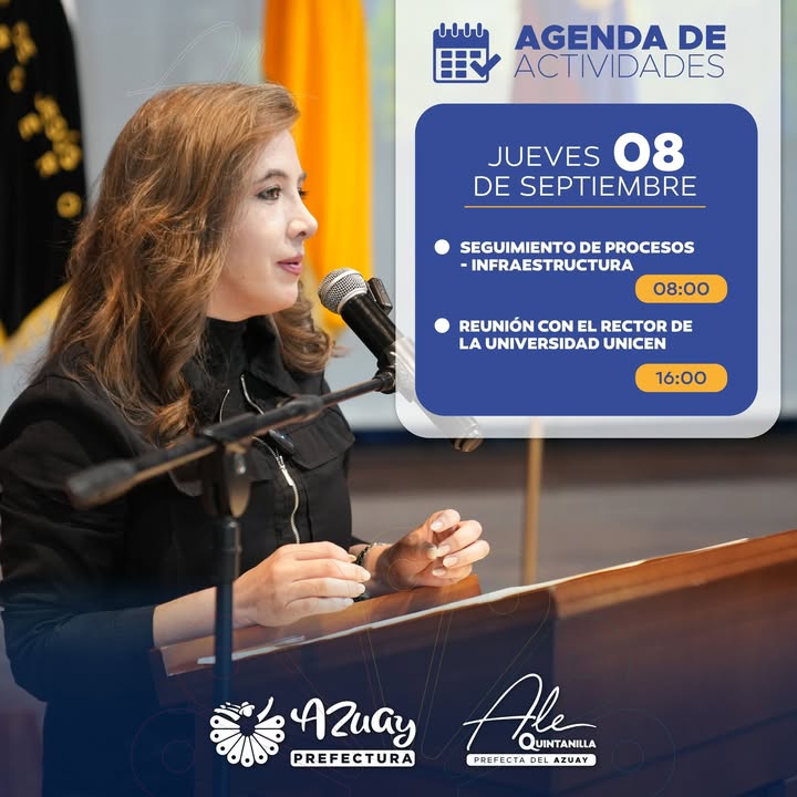 Prefectura de Azuay publica agenda diaria para el 8 de octubre con actividades de la prefecta Quintanilla