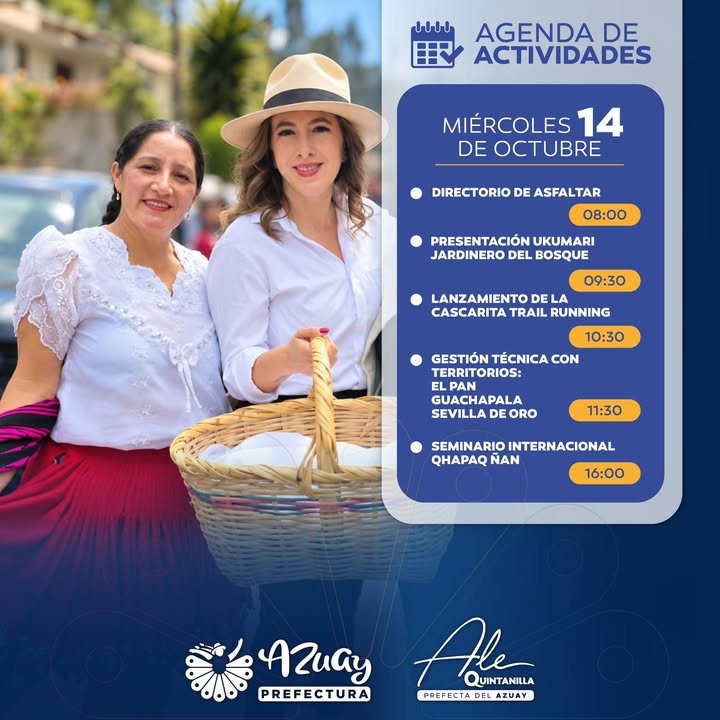 Prefectura de Azuay: Agenda diaria de la prefecta Ale Quintanilla para el 14 de octubre