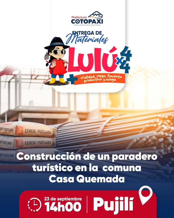 Prefectura de Cotopaxi entrega materiales para obras en Pujilí el 23 de septiembre