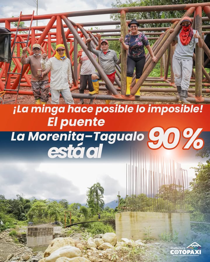 Prefectura de Cotopaxi y comunidad avanzan 90% en puente para Tingo La Esperanza