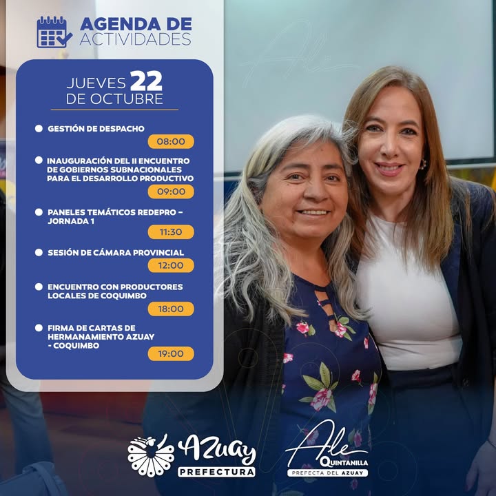 Prefectura de Azuay publica agenda del 22 de octubre para la prefecta Ale Quintanilla