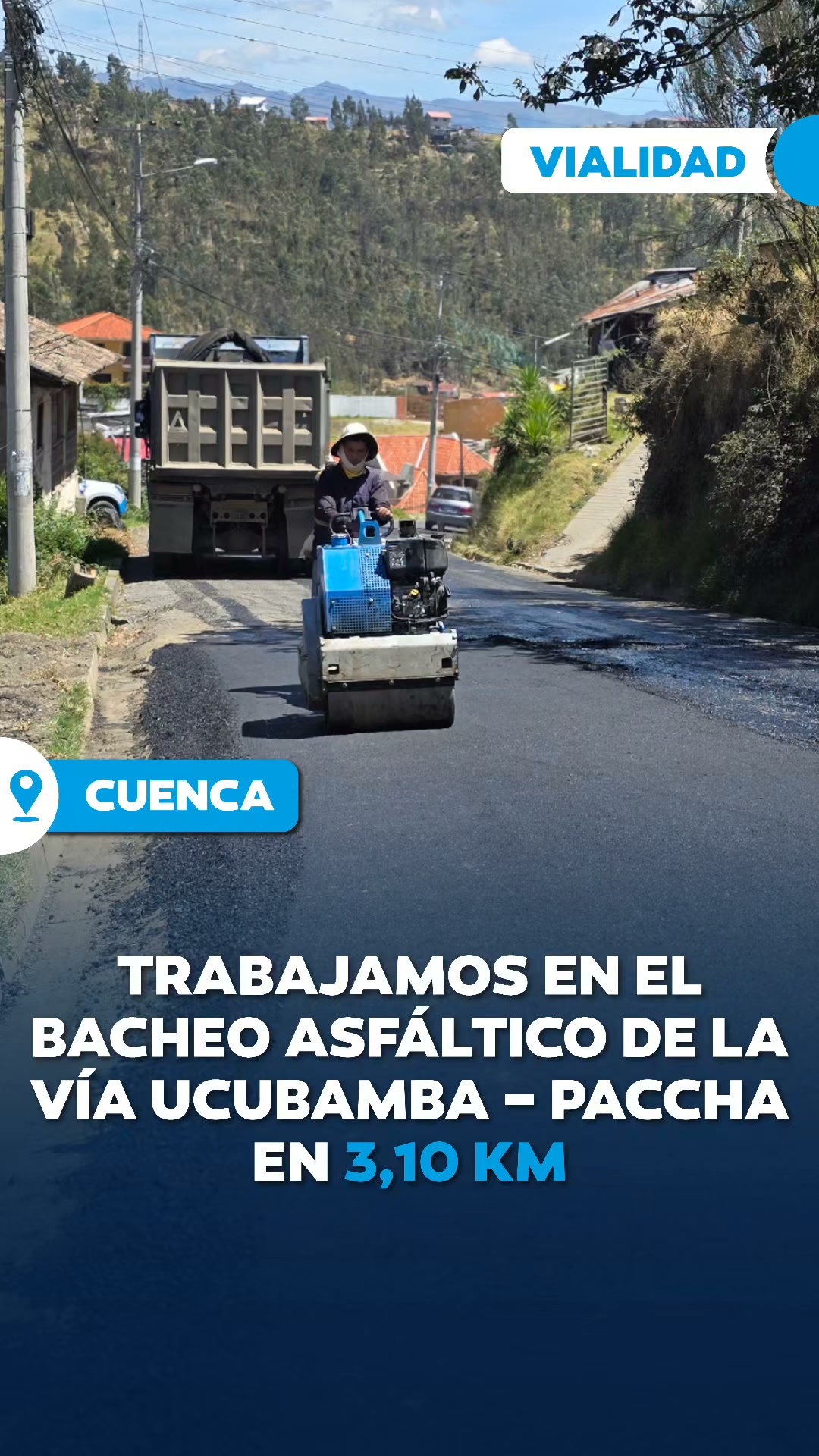 Prefectura de Azuay ejecuta bacheo asfáltico en 3,10 km de Ucubamba-Paccha