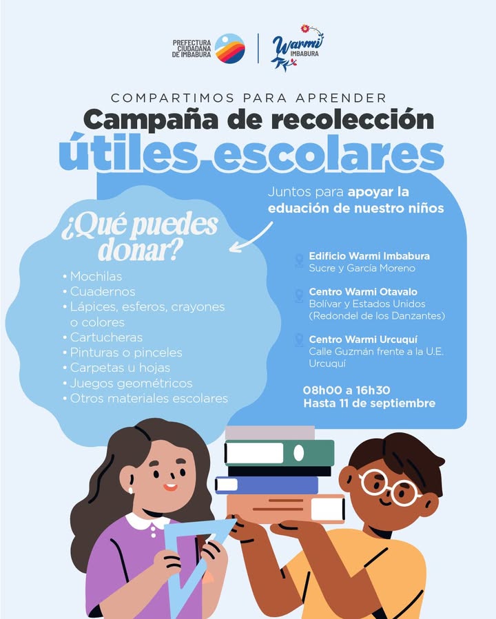 Prefectura de Imbabura lanza campaña 'Compartimos para aprender' para donación de útiles escolares
