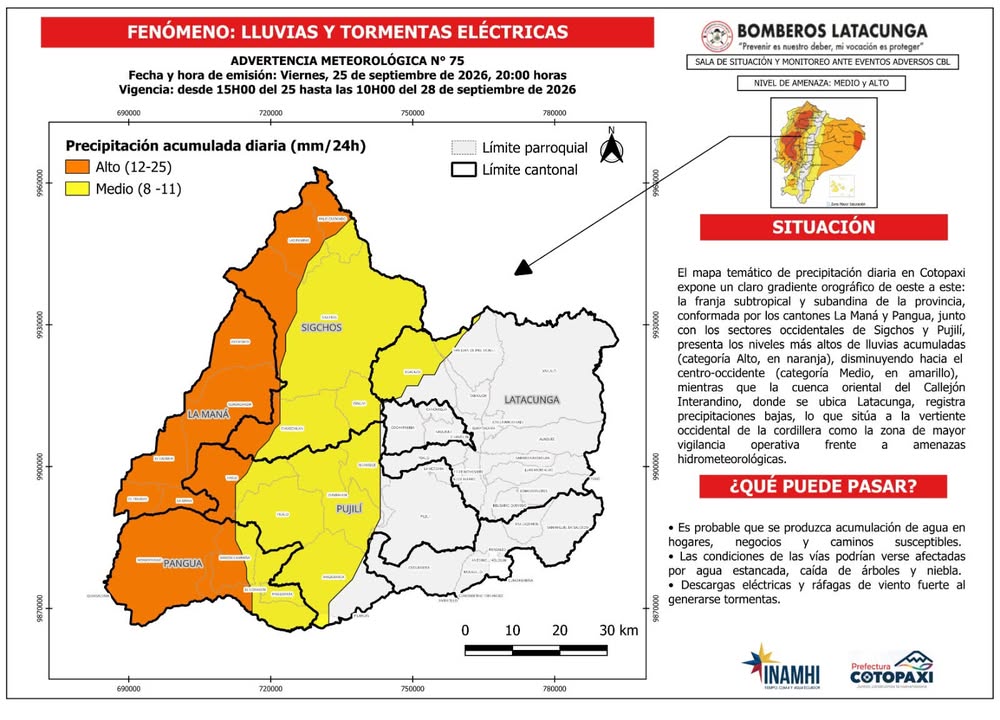 Prefectura de Cotopaxi monitorea alerta hidrometeorológica por lluvias intensas