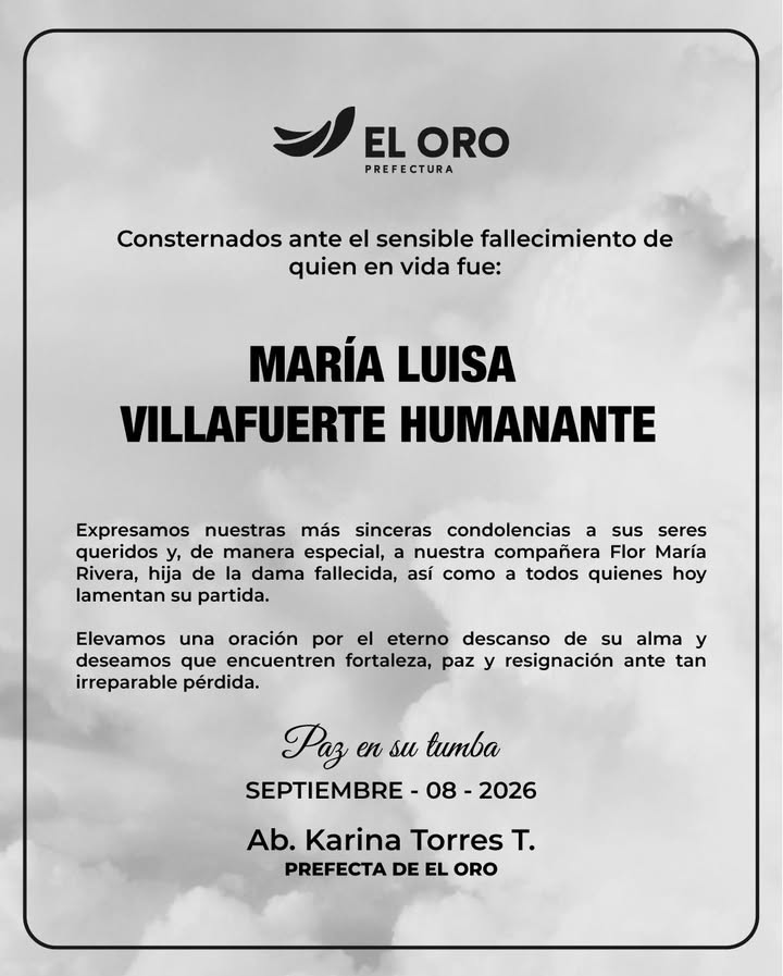 Prefectura de El Oro lamenta el fallecimiento de la madre de la funcionaria Flor Rivera
