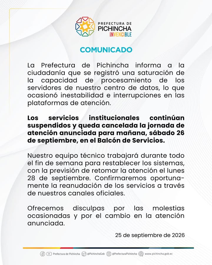 Prefectura de Pichincha suspende atención en Balcón de Servicios el 26 de septiembre