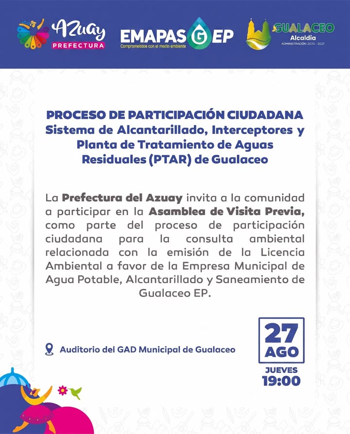 Prefectura de Azuay convoca a Asamblea de Visita Previa para consulta ambiental en Gualaceo
