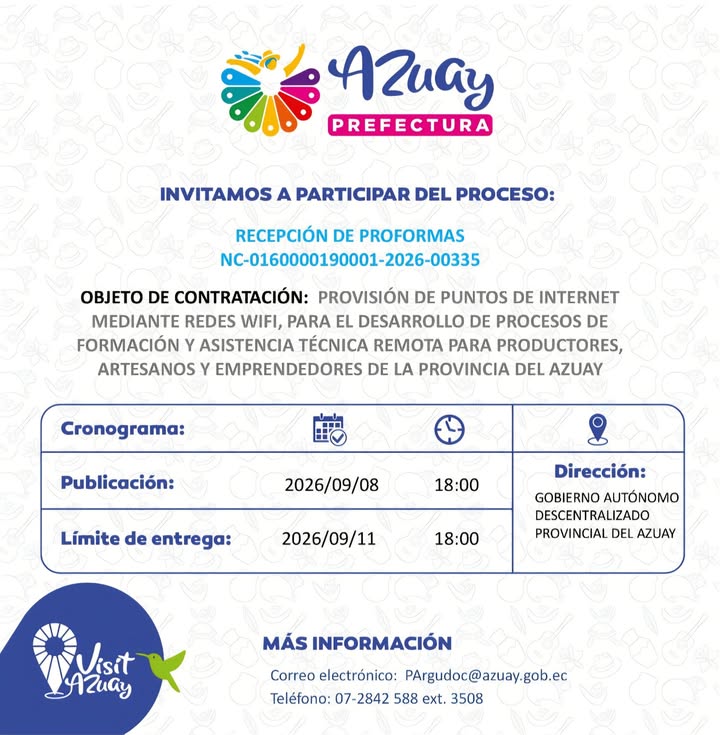 Prefectura de Azuay abre convocatoria para proveedores de puntos de internet wifi