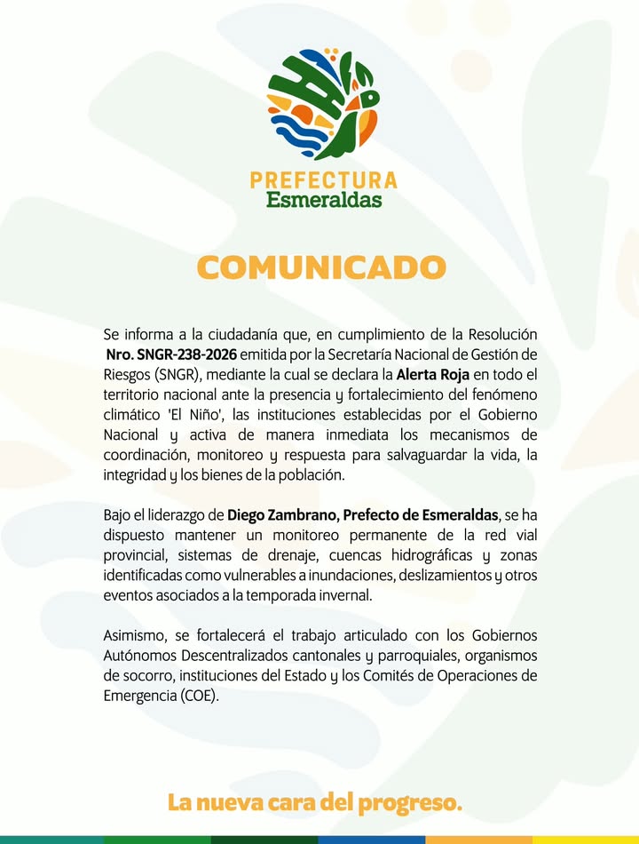 Prefectura de Esmeraldas activa protocolos ante Alerta Roja para proteger comunidades